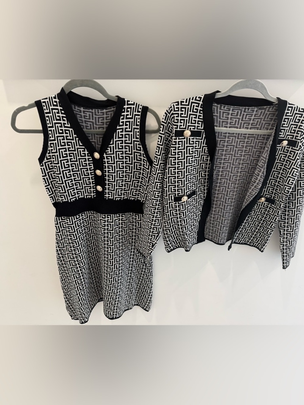 Black & White Geometric Knit Dress and Cardigan Set